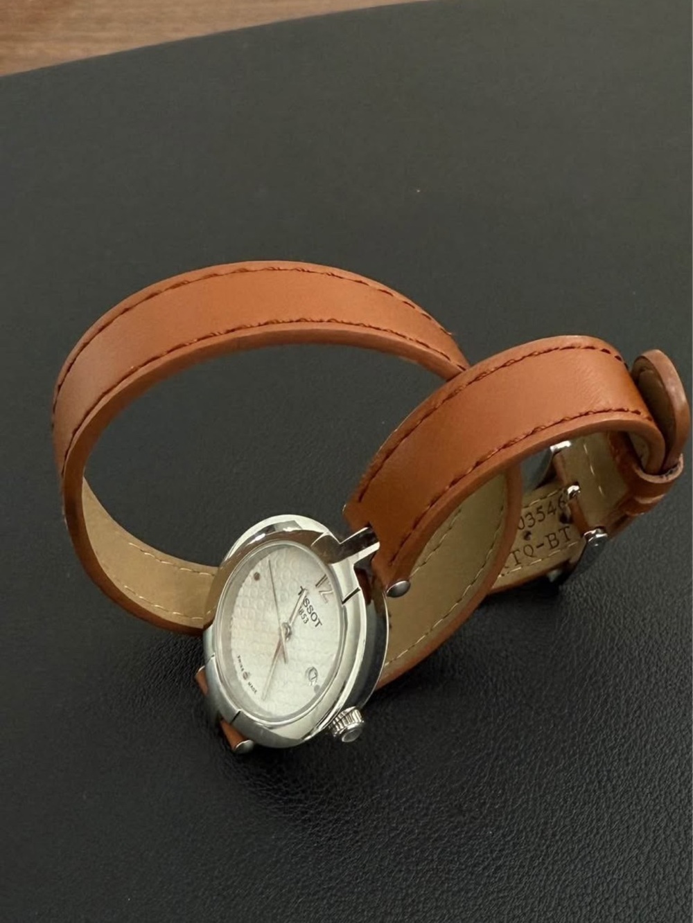 Tissot Women's Tan Double-Wrap Leather Watch with White Textured Dial - Picture 2 of 4